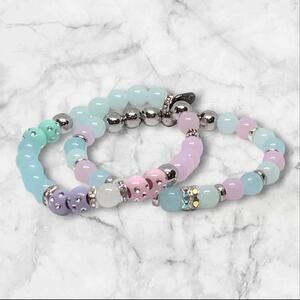 Handmade Bracelet Set Pastel Beads Beach Vibes Turtle Charm Blocked Color Design